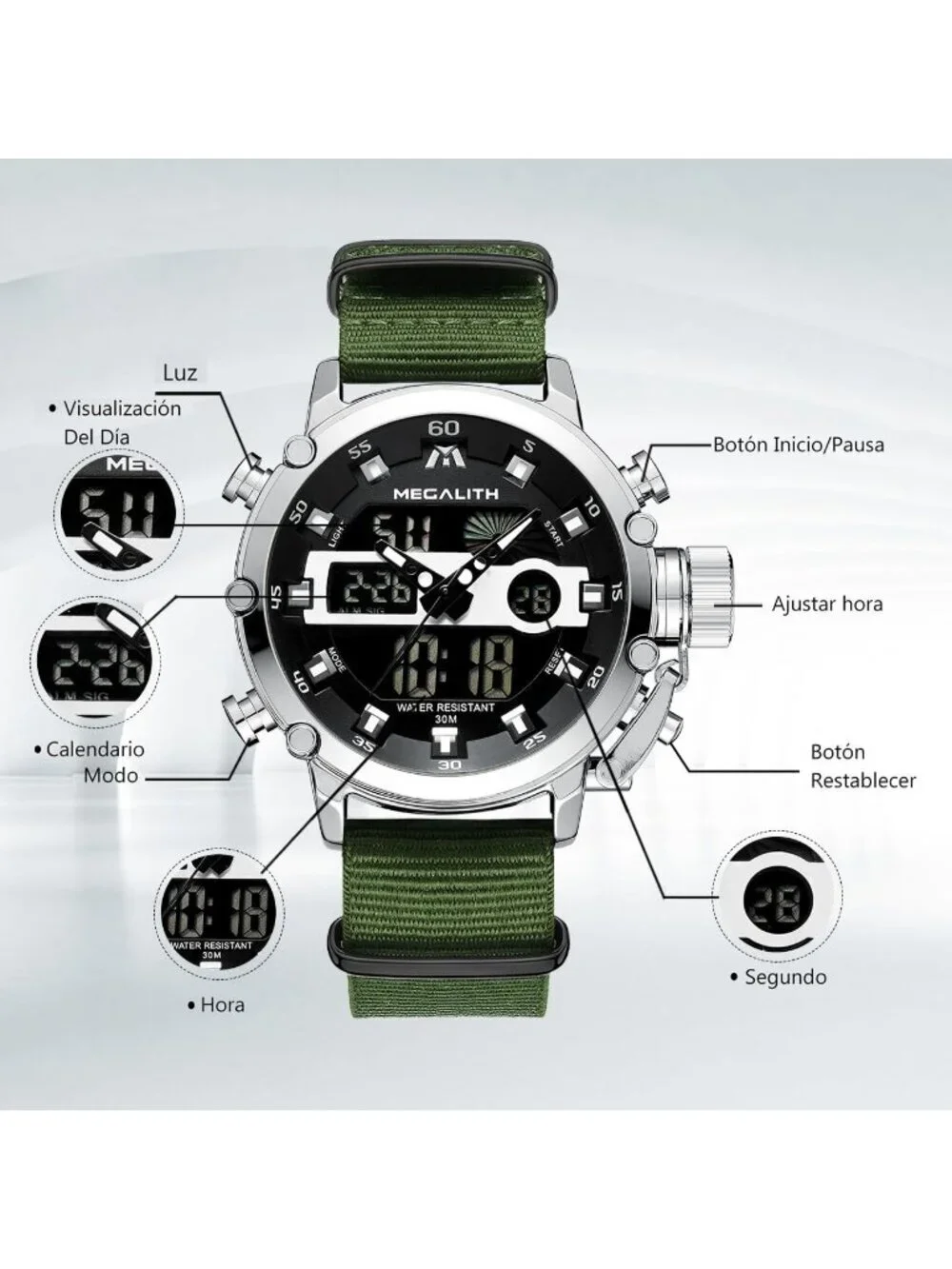 Mens Green And Silver Analog Nylon Strap Waterproof Multifunction Digital Watch